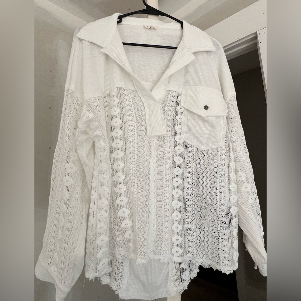 POL White Crochet Knit Button-Down Shirt